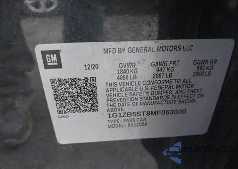 2021 Chevrolet Malibu Fwd Ls z USA, uszkodzony, nr VIN 1G1ZB5ST8MF053000